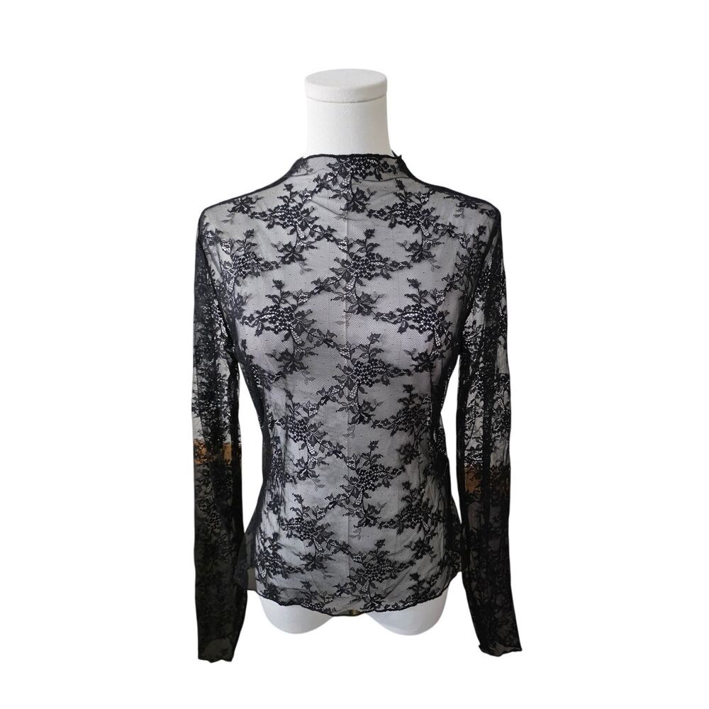 SHEIN Black Sheer Mesh Lace Long Sleeve Top High Neck Floral Goth Blouse Large